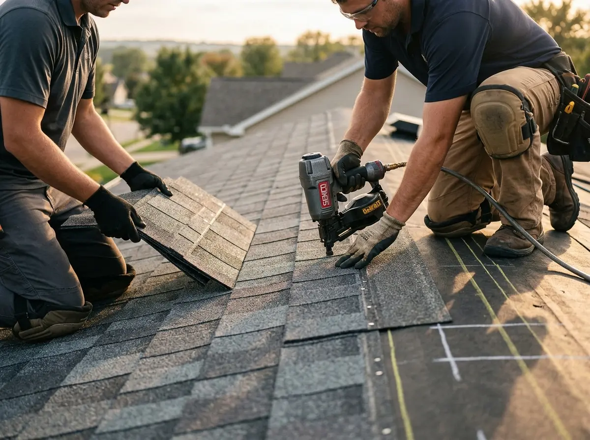 Professional roofer working on a residential roof in Kettering